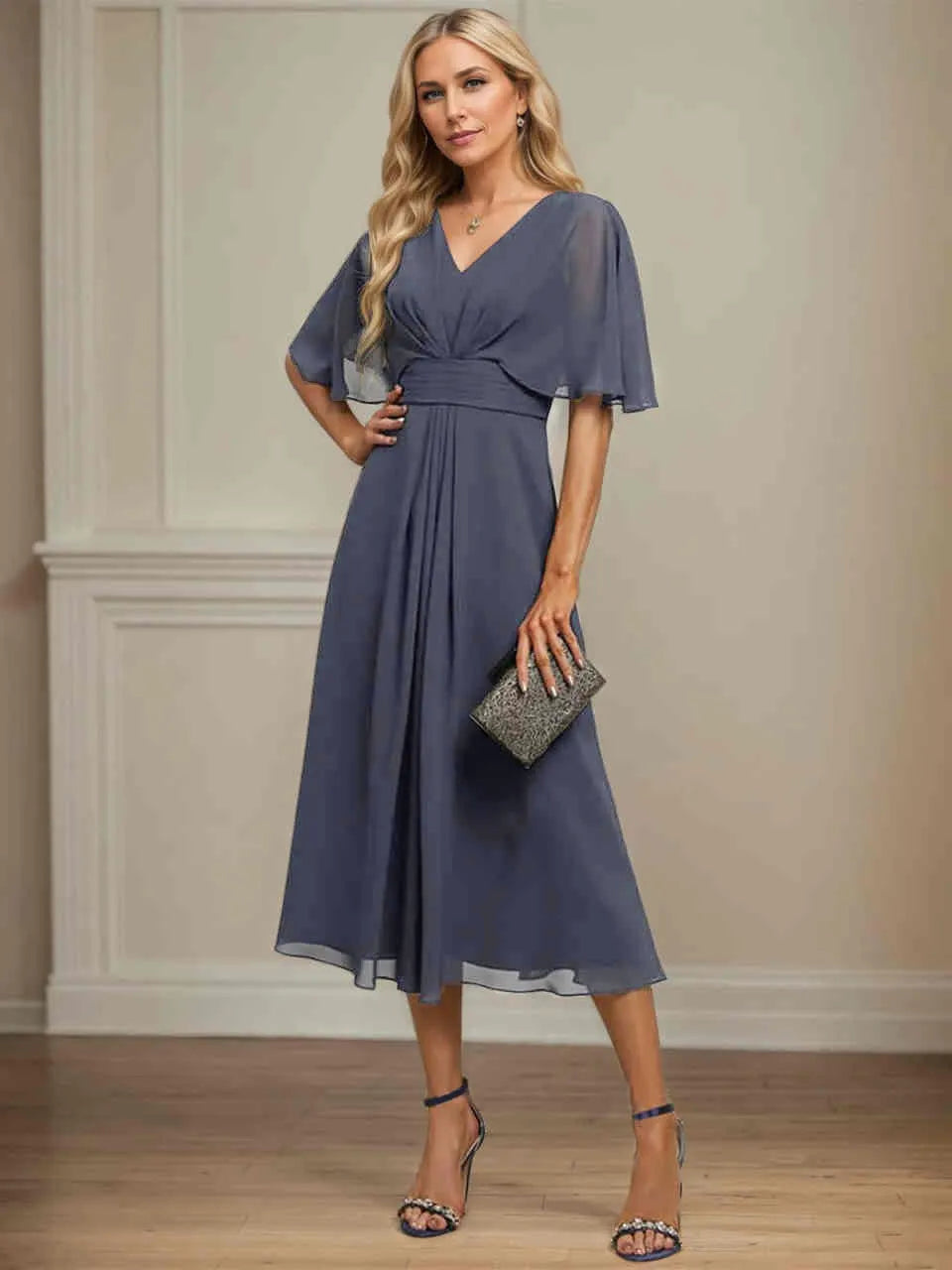 A Line V-Neck Tea-Length Chiffon Dress With Pleated
