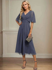 A Line V-Neck Tea-Length Chiffon Dress With Pleated