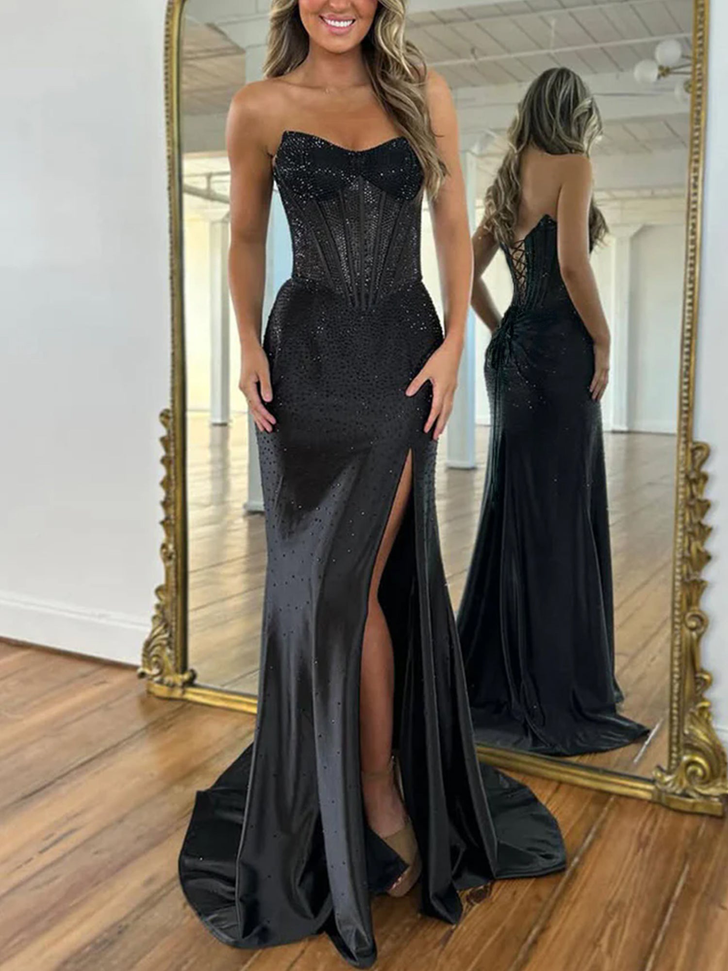Mermaid Strapless Corset Beaded Long Prom Dress with Slit