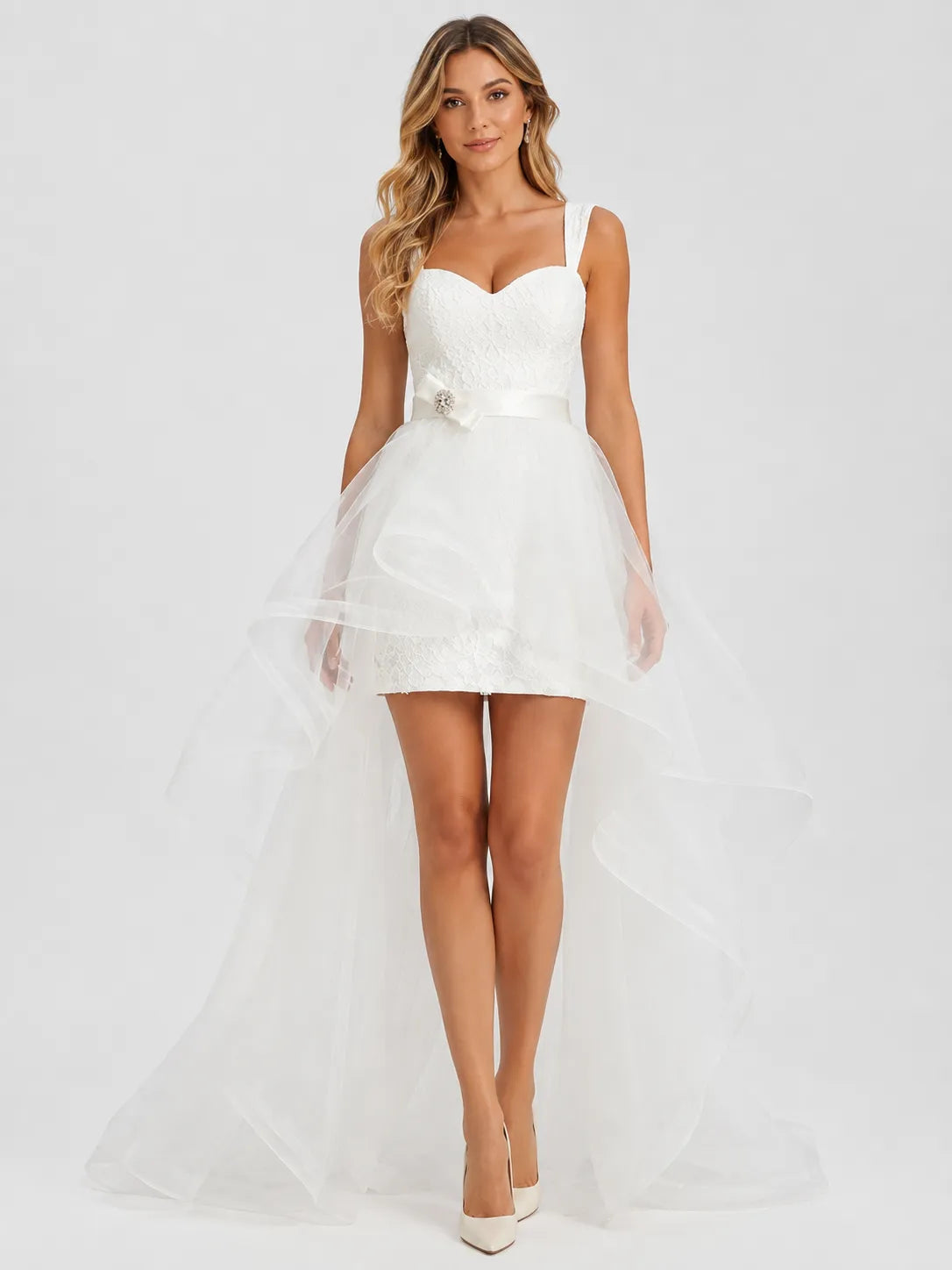 Sweetheart Lace Mini Wedding Dress with Tulle High-Low Overskirt and Sweep Train