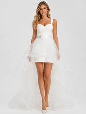 Sweetheart Lace Mini Wedding Dress with Tulle High-Low Overskirt and Sweep Train