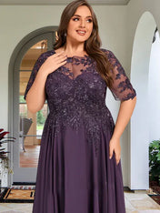 A-line Scoop Illusion Asymmetrical Chiffon Lace Mother of the Bride Dress With Sequins