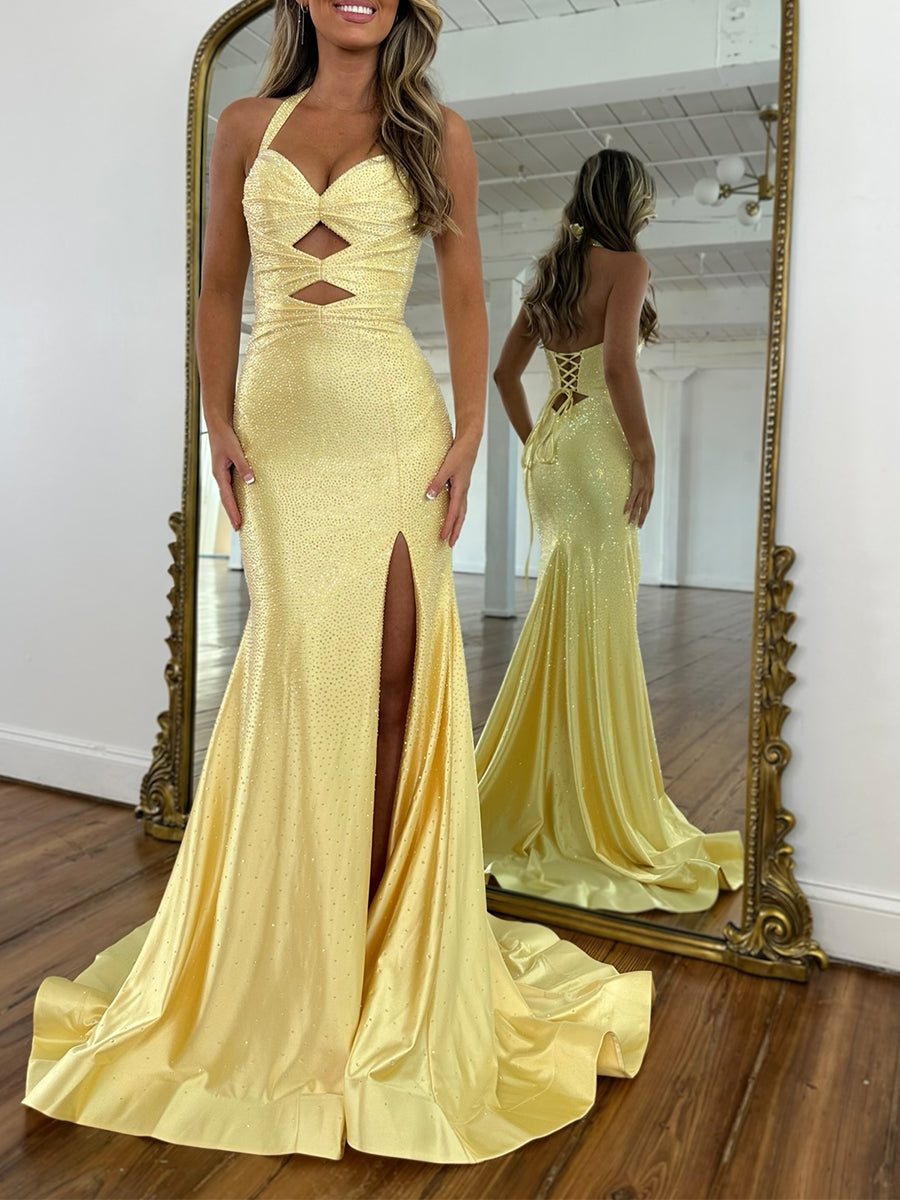 Sparkly Mermaid Keyhole Long Beaded Prom Dress with Slit