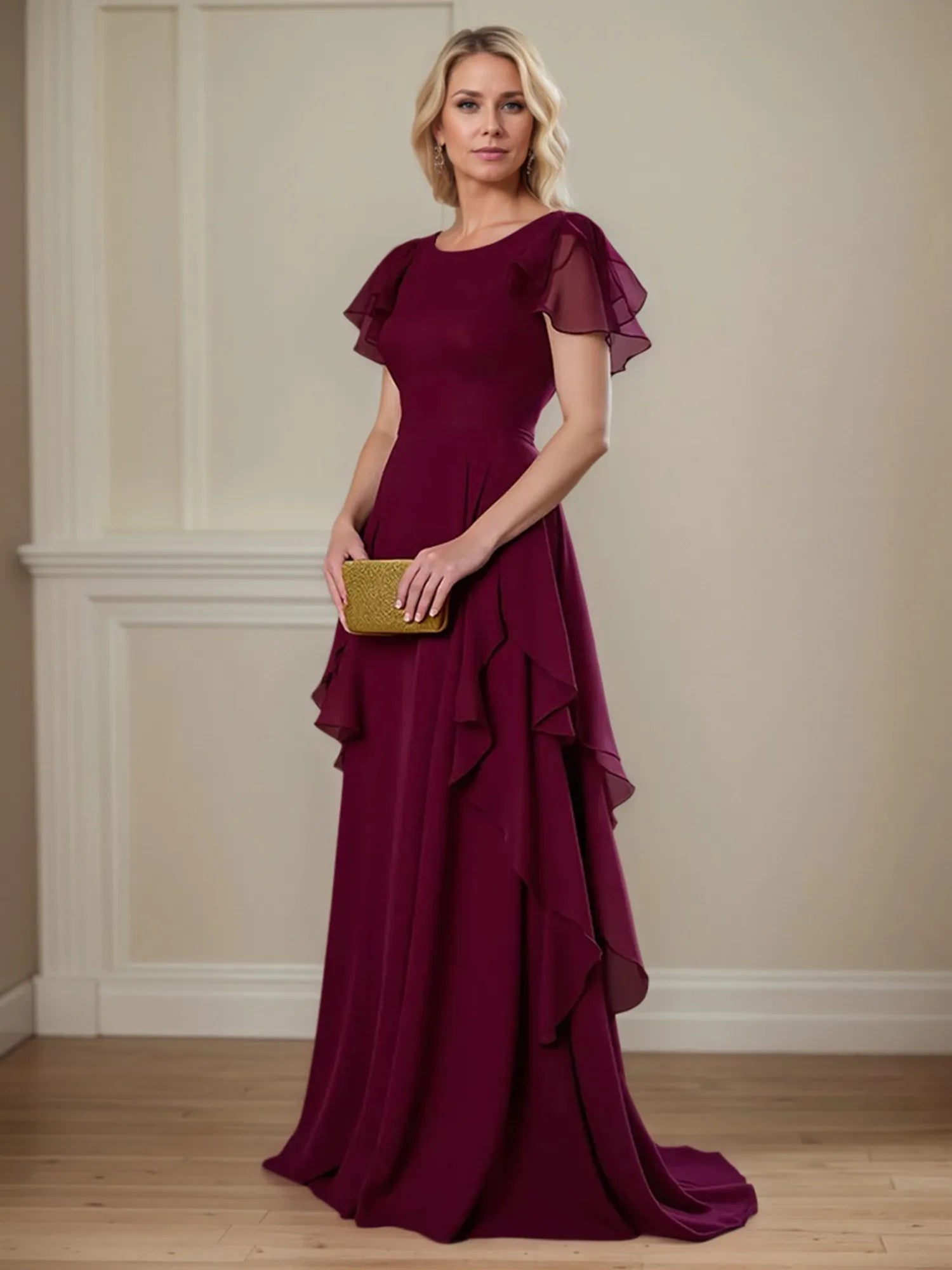 A Line Scoop Neck Short Sleeve Chiffon Mother of the Bride Dress With Ruffles