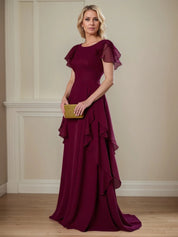 A Line Scoop Neck Short Sleeve Chiffon Mother of the Bride Dress With Ruffles
