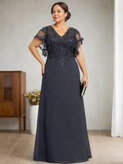 A-line V-Neck Floor-Length Lace Chiffon Mother of the Bride Dress With Sequins