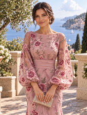 Boat Neck Long Sleeve Embroidered Mesh Evening Dress