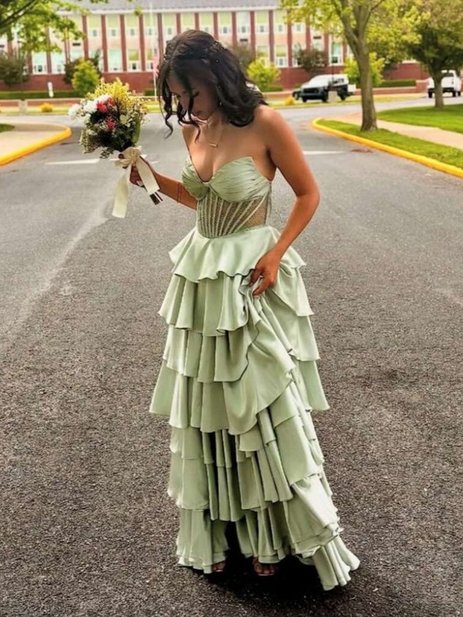 Strapless Pleated Corset Beaded Tiered Long Prom Dress