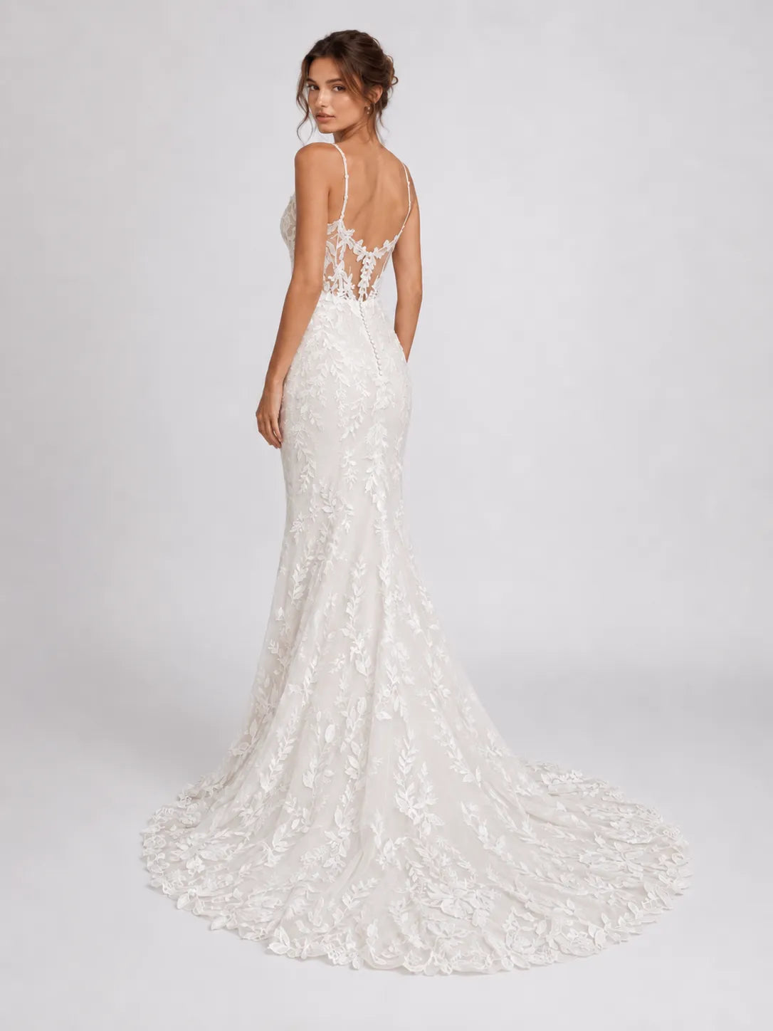 Elegant Spaghetti Strap Lace Fit-and-Flare Wedding Dress with Plunging Neckline and Low Back