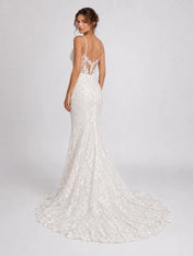Elegant Spaghetti Strap Lace Fit-and-Flare Wedding Dress with Plunging Neckline and Low Back