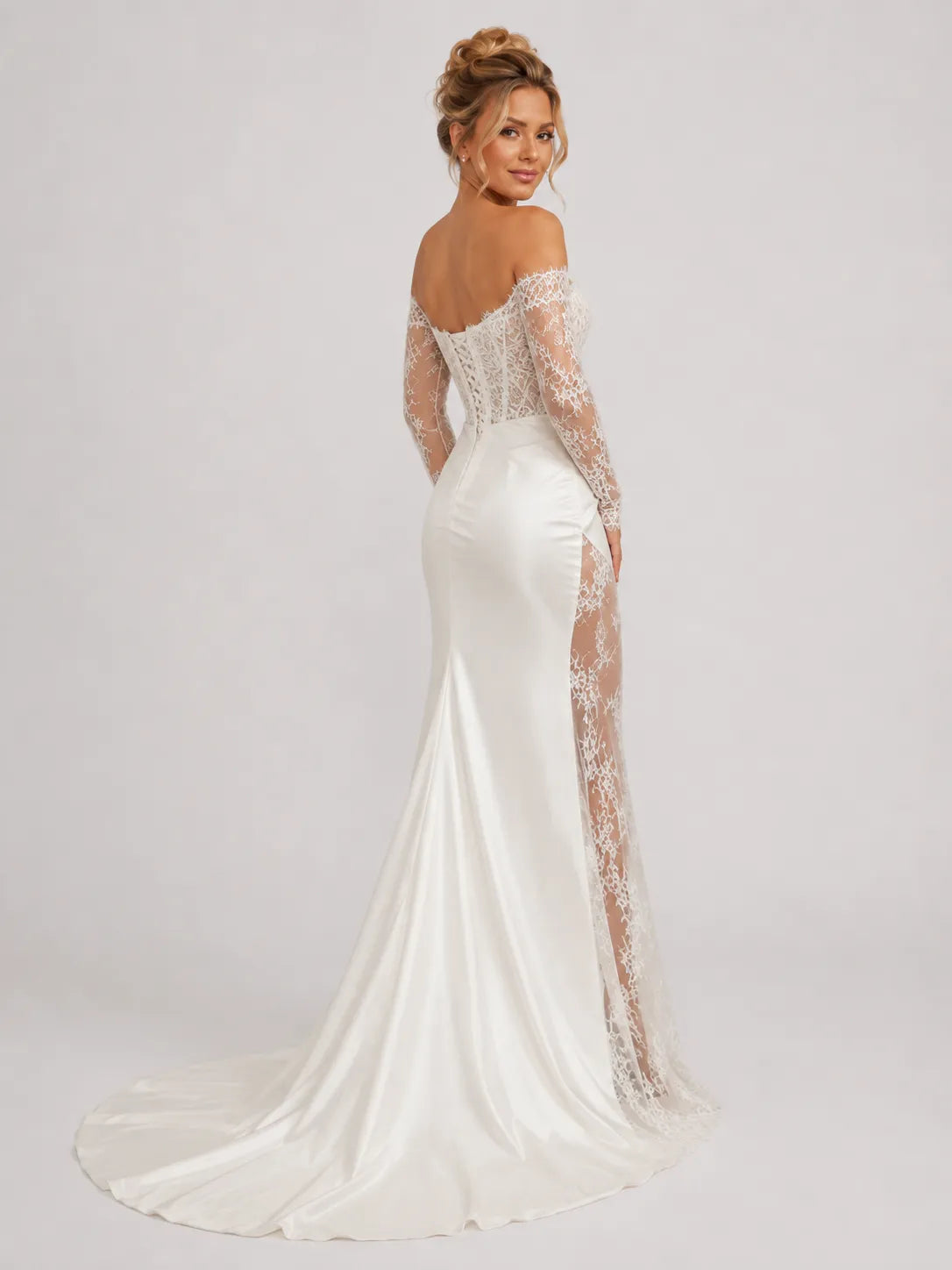 Elegant Off-Shoulder Lace Mermaid Wedding Dress with Long Sleeves and High Slit