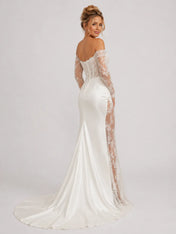 Elegant Off-Shoulder Lace Mermaid Wedding Dress with Long Sleeves and High Slit