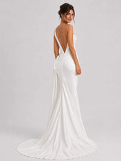 Elegant One‑Shoulder Satin Mermaid Wedding Dress with Side Bow and Deep V‑Back