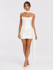 Elegant Strapless Satin Mini Wedding Dress with Draped Neckline, Ruched Waist and Long Side Sash