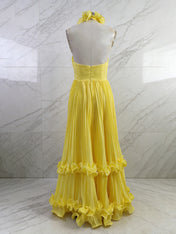 Yellow A Line Pleated Halter Ruffle Long Prom Dress