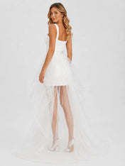 Sweetheart Lace Mini Wedding Dress with Tulle High-Low Overskirt and Sweep Train