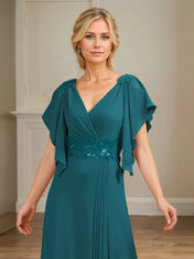 A Line V Neck Appliqued Floor Length Mother of the Bride Dress with Ruffles