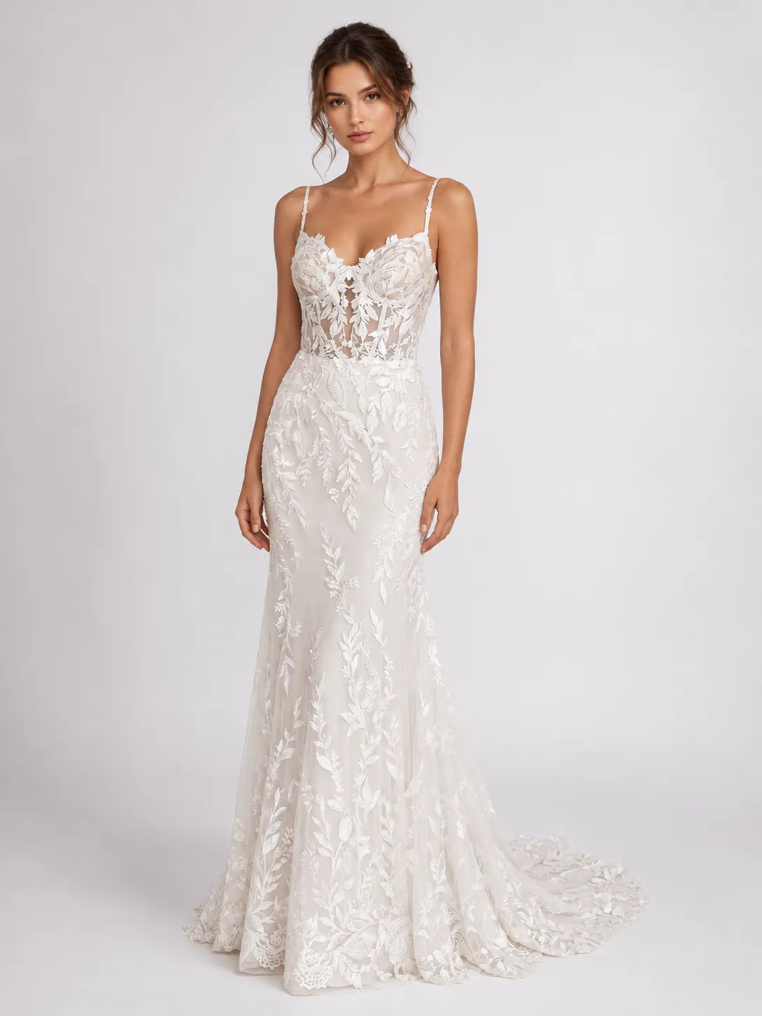 Elegant Spaghetti Strap Lace Fit-and-Flare Wedding Dress with Plunging Neckline and Low Back