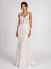 Elegant Spaghetti Strap Lace Fit-and-Flare Wedding Dress with Plunging Neckline and Low Back