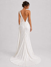 Elegant One‑Shoulder Satin Mermaid Wedding Dress with Side Bow and Deep V‑Back