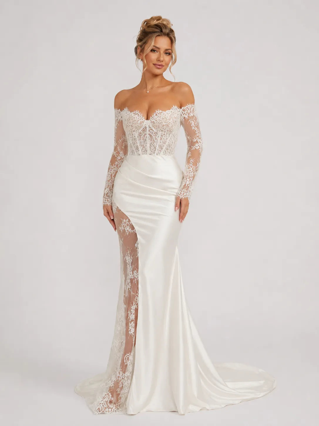 Elegant Off-Shoulder Lace Mermaid Wedding Dress with Long Sleeves and High Slit