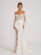 Elegant Off-Shoulder Lace Mermaid Wedding Dress with Long Sleeves and High Slit