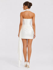 Elegant Strapless Satin Mini Wedding Dress with Draped Neckline, Ruched Waist and Long Side Sash