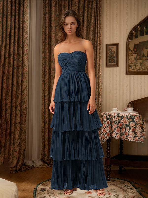 Burgundy A-Line Sweetheart Floor Length Tiered Chiffon Bridesmaid Dress