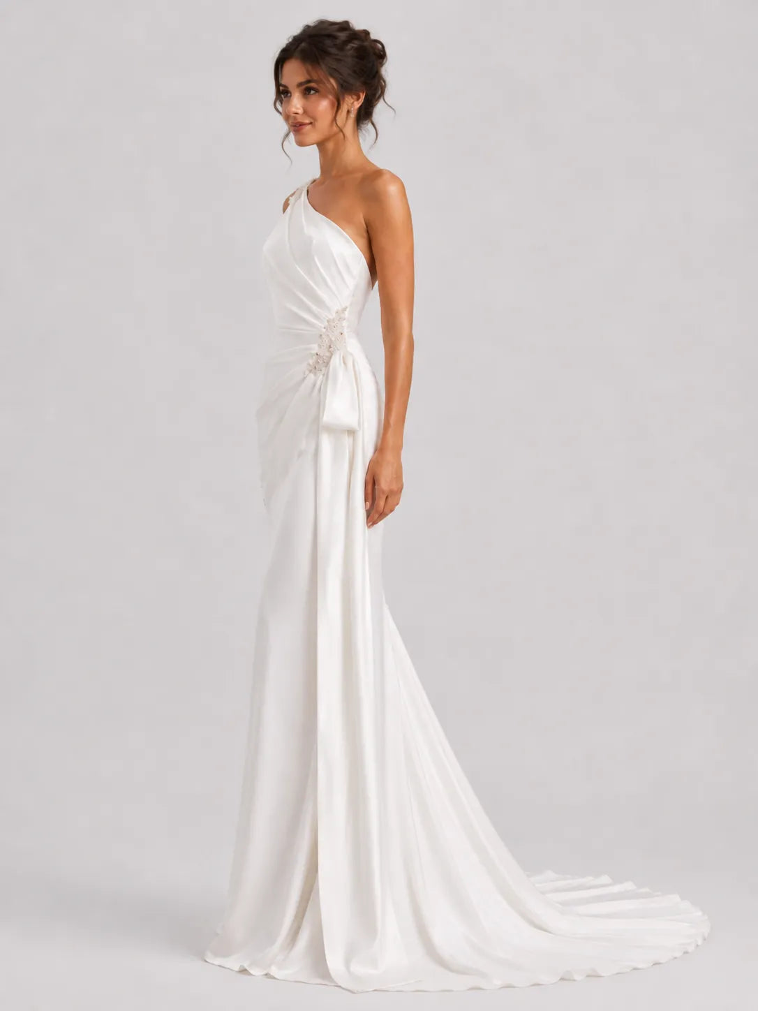 Elegant One‑Shoulder Satin Mermaid Wedding Dress with Side Bow and Deep V‑Back