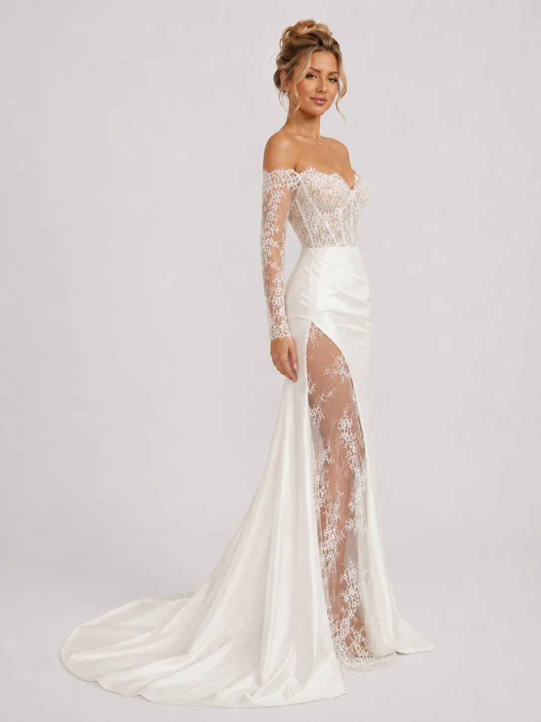 Elegant Off-Shoulder Lace Mermaid Wedding Dress with Long Sleeves and High Slit
