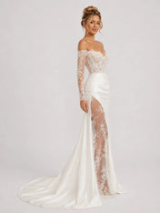 Elegant Off-Shoulder Lace Mermaid Wedding Dress with Long Sleeves and High Slit