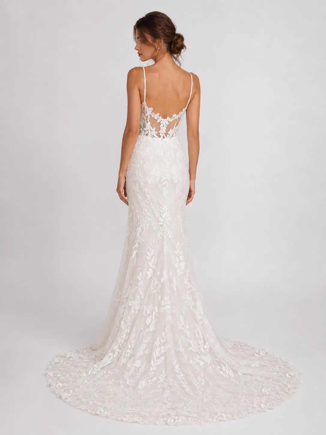 Elegant Spaghetti Strap Lace Fit-and-Flare Wedding Dress with Plunging Neckline and Low Back