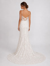 Elegant Spaghetti Strap Lace Fit-and-Flare Wedding Dress with Plunging Neckline and Low Back