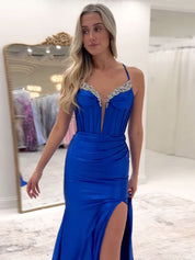 Sparkly Black Mermaid Spaghetti Straps Grey Corset Prom Dress with Slit