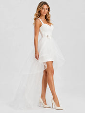 Sweetheart Lace Mini Wedding Dress with Tulle High-Low Overskirt and Sweep Train
