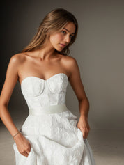 White A Line Strapless Floral Burnout Jacquard Wedding Dress