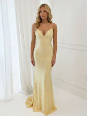 Radiant Yellow Pearl Embellished V-Neck Prom Dresses
