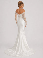 Elegant Off-Shoulder Lace Mermaid Wedding Dress with Long Sleeves and High Slit
