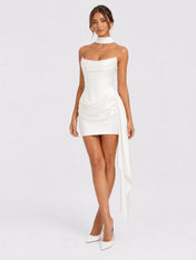 Elegant Strapless Satin Mini Wedding Dress with Draped Neckline, Ruched Waist and Long Side Sash
