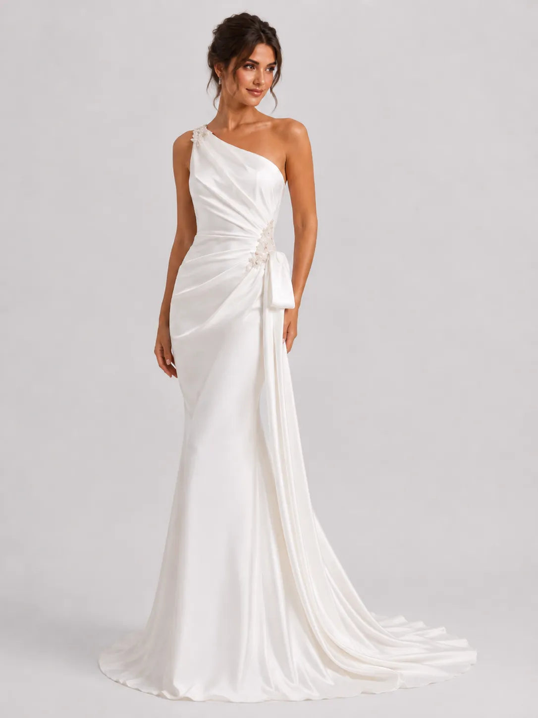 Elegant One‑Shoulder Satin Mermaid Wedding Dress with Side Bow and Deep V‑Back