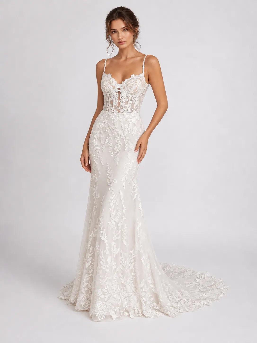 Elegant Spaghetti Strap Lace Fit-and-Flare Wedding Dress with Plunging Neckline and Low Back