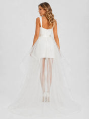 Sweetheart Lace Mini Wedding Dress with Tulle High-Low Overskirt and Sweep Train
