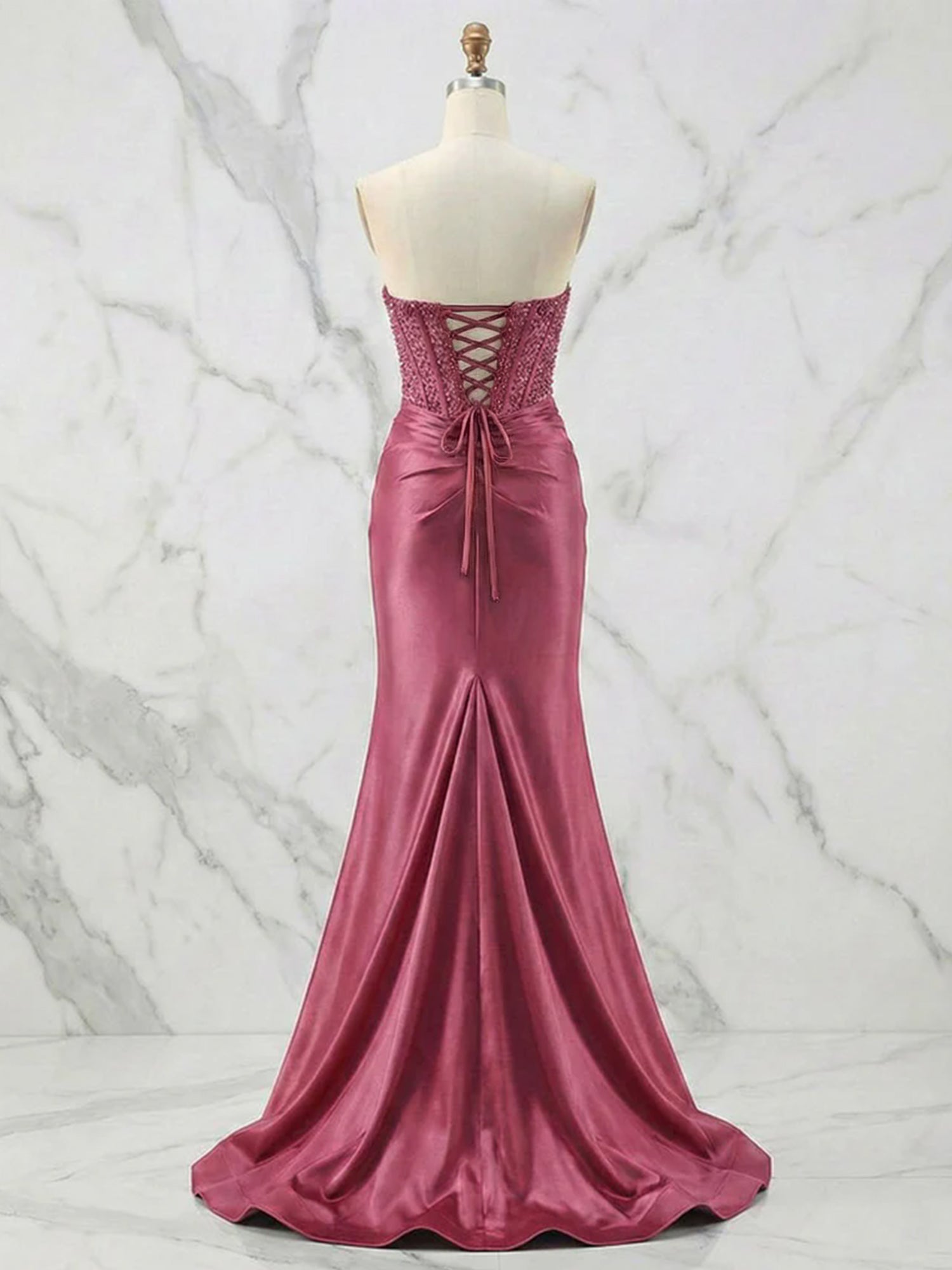 Glamorous Strapless Beaded Corset Satin Prom Dress with Slit