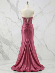 Glamorous Strapless Beaded Corset Satin Prom Dress with Slit