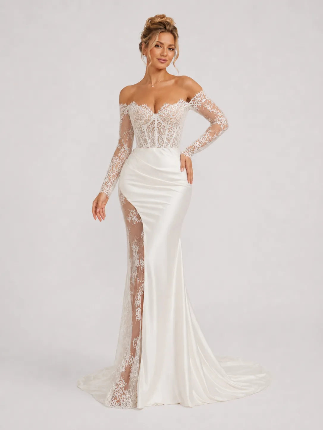 Elegant Off-Shoulder Lace Mermaid Wedding Dress with Long Sleeves and High Slit