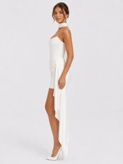 Elegant Strapless Satin Mini Wedding Dress with Draped Neckline, Ruched Waist and Long Side Sash
