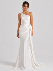 Elegant One‑Shoulder Satin Mermaid Wedding Dress with Side Bow and Deep V‑Back