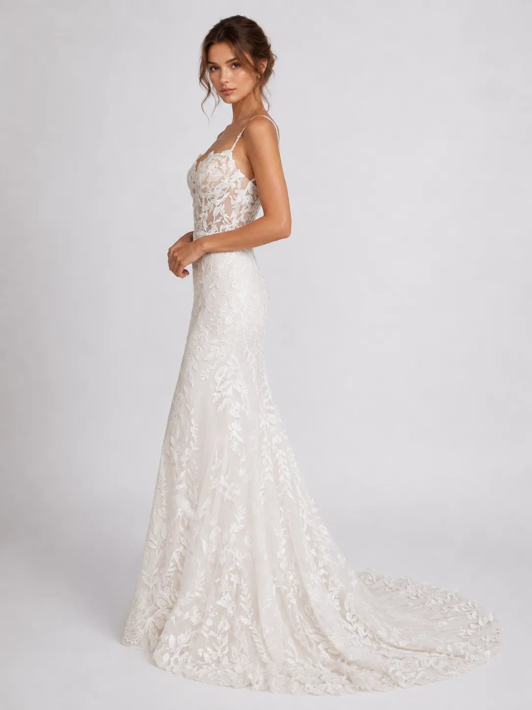 Elegant Spaghetti Strap Lace Fit-and-Flare Wedding Dress with Plunging Neckline and Low Back