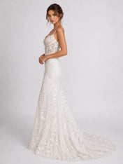 Elegant Spaghetti Strap Lace Fit-and-Flare Wedding Dress with Plunging Neckline and Low Back