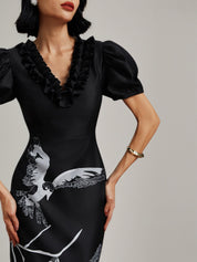 Black Folds V Neck Puff Sleeve Midi Sheath Dress